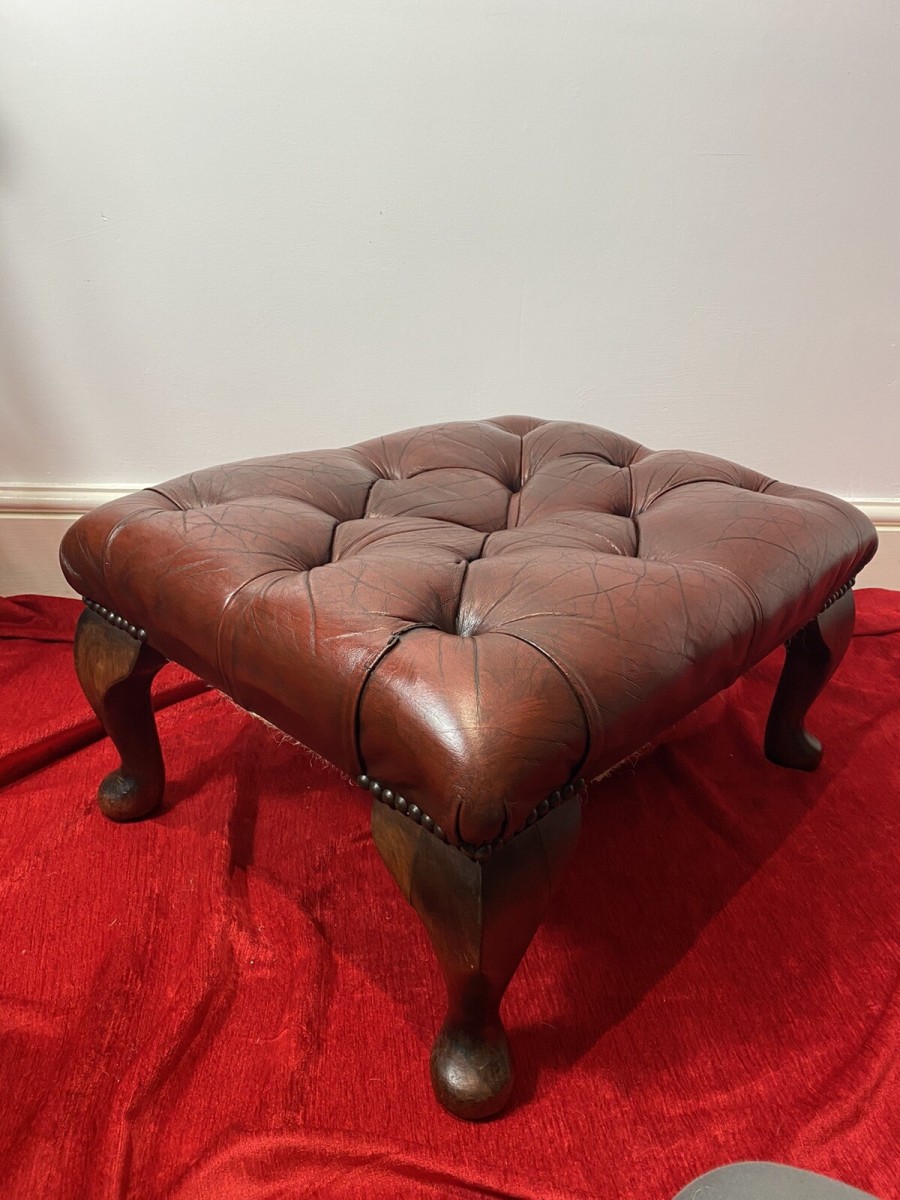 Vintage Red Leather Chesterfield Footstool Set Upon Mahogany Queen Anne Legs