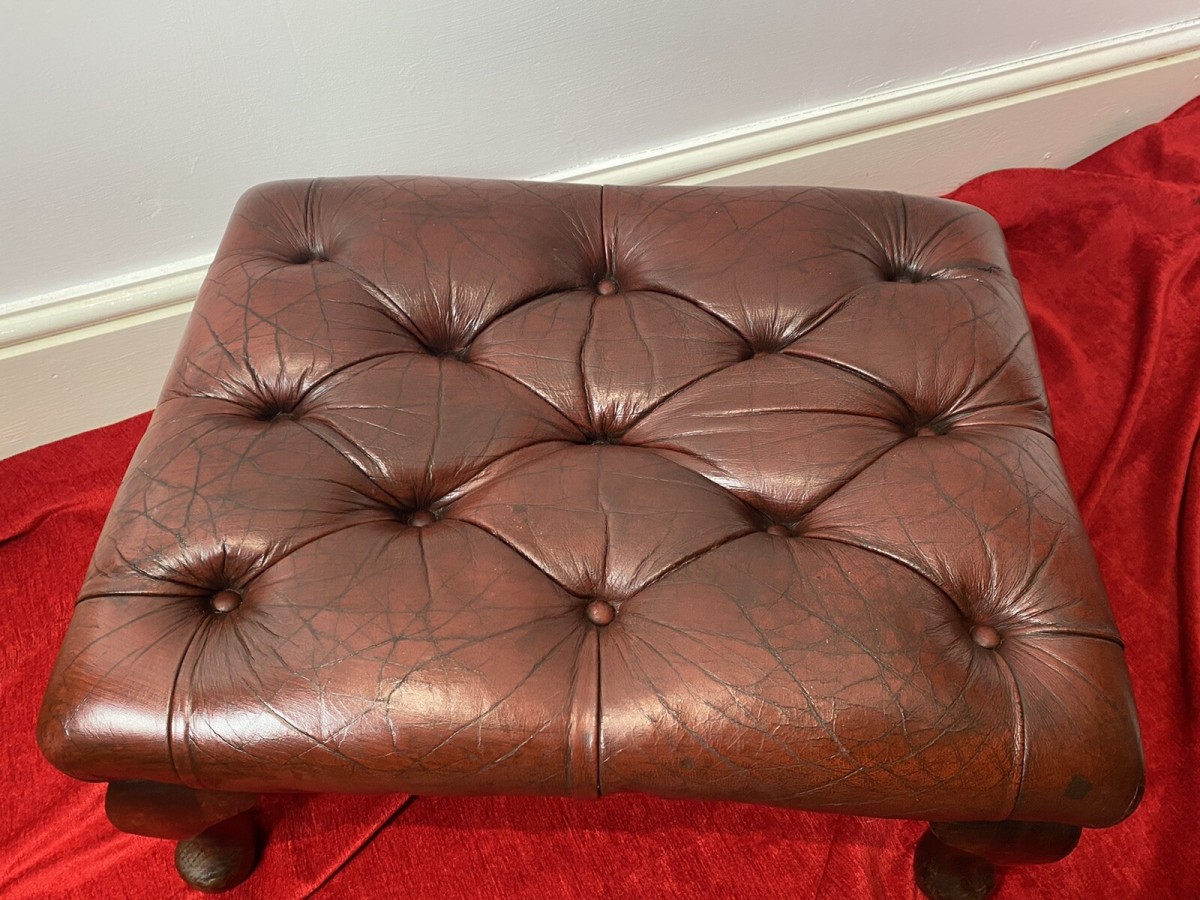 Vintage Red Leather Chesterfield Footstool Set Upon Mahogany Queen Anne Legs