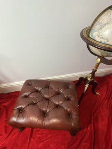 Vintage Deep Buttoned Red Leather Chesterfield Footstool Set Upon Mahogany Queen Anne Legs Circa - Vintage Composition - Wood Frame/ Leather Upholstery Listing Description Wonderful Vintage Original Red Deep Buttoned Leather Upholstered Footstool In Iconic Diamond Chesterfield Pattern. Rectangular Shape With Hardwood Frame With Decorative Polished Mahogany Queen Anne Legs. Condition - Very Good Used Showing Minor Scratches/ Signs Of Wear Due To Usage / A Slight Tear To Leather Please See Images. Dimensions In Inches Height From Floor 12" Width 24" Depth 19"