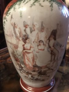 Impressive French Antique Opaque Glass Vase Extreme Delicate Opaque Glass Vase With Burgundy Red Neck And Base With Central White Frame On The Front With Figures Of Maidens, Children And Navel Officers In Landscape Transferred Artwork Slight Wear Of Colours Due To Age Dimensions In Inches Height 13” Diameter 23”