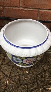 Italianate Porcelain Floral Hand Painted Jardiniere On Ornate Stand Circa - Vintage Composition- Ceramic Bulbous Bowl With Scalloped Relief Edging And Blue Accent Lines. The Front Elevation Is Hand Painted With Three Brightly Coloured Floral Motifs With Green/ Blue Foliage. The Bowl Sits Upon Elegantly Shaped Cylindrical Stand Decorated With Matching Floral Sprays And Octagonal Base. Stunning Planter For Floral Display In Garden Room/ Kitchen/ Lounge Condition- Vintage Used No Damage Lovely Condition Provenance Purchased From Grand Villa In Tuscany Italy. Dimensions In Cms Height 76cm Vase Height 21cm Base Height 55cm Vase Width 27cm