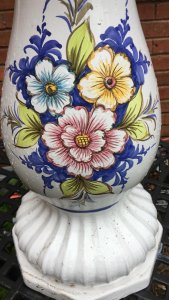 Italianate Porcelain Floral Hand Painted Jardiniere On Ornate Stand Circa - Vintage Composition- Ceramic Bulbous Bowl With Scalloped Relief Edging And Blue Accent Lines. The Front Elevation Is Hand Painted With Three Brightly Coloured Floral Motifs With Green/ Blue Foliage. The Bowl Sits Upon Elegantly Shaped Cylindrical Stand Decorated With Matching Floral Sprays And Octagonal Base. Stunning Planter For Floral Display In Garden Room/ Kitchen/ Lounge Condition- Vintage Used No Damage Lovely Condition Provenance Purchased From Grand Villa In Tuscany Italy. Dimensions In Cms Height 76cm Vase Height 21cm Base Height 55cm Vase Width 27cm
