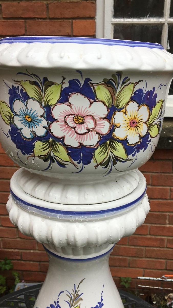Italianate Porcelain Floral Hand Painted Jardiniere On Ornate Stand