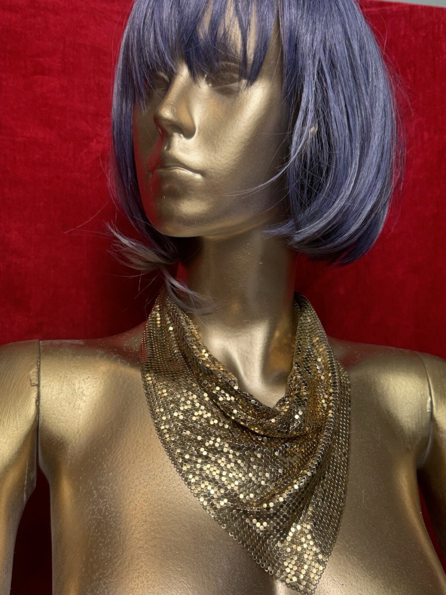 Vintage Gold Mesh Foil Scarf Bib Necklace 70s Designer Runway Whiting & Davies