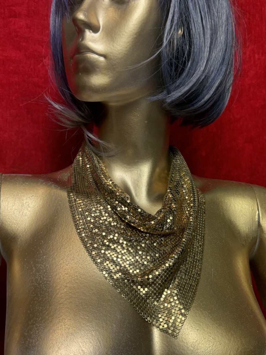 Vintage Gold Mesh Foil Scarf Bib Necklace 70s Designer Runway Whiting & Davies