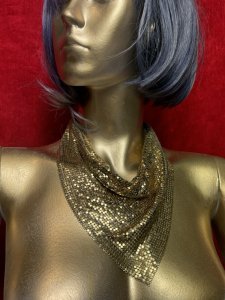 Vintage Gold Mesh Foil Scarf Bib Necklace 1970's Designer Runway By Whiting & Davies Designer Chainmail Style Bib Necklace By Whiting And Davis.