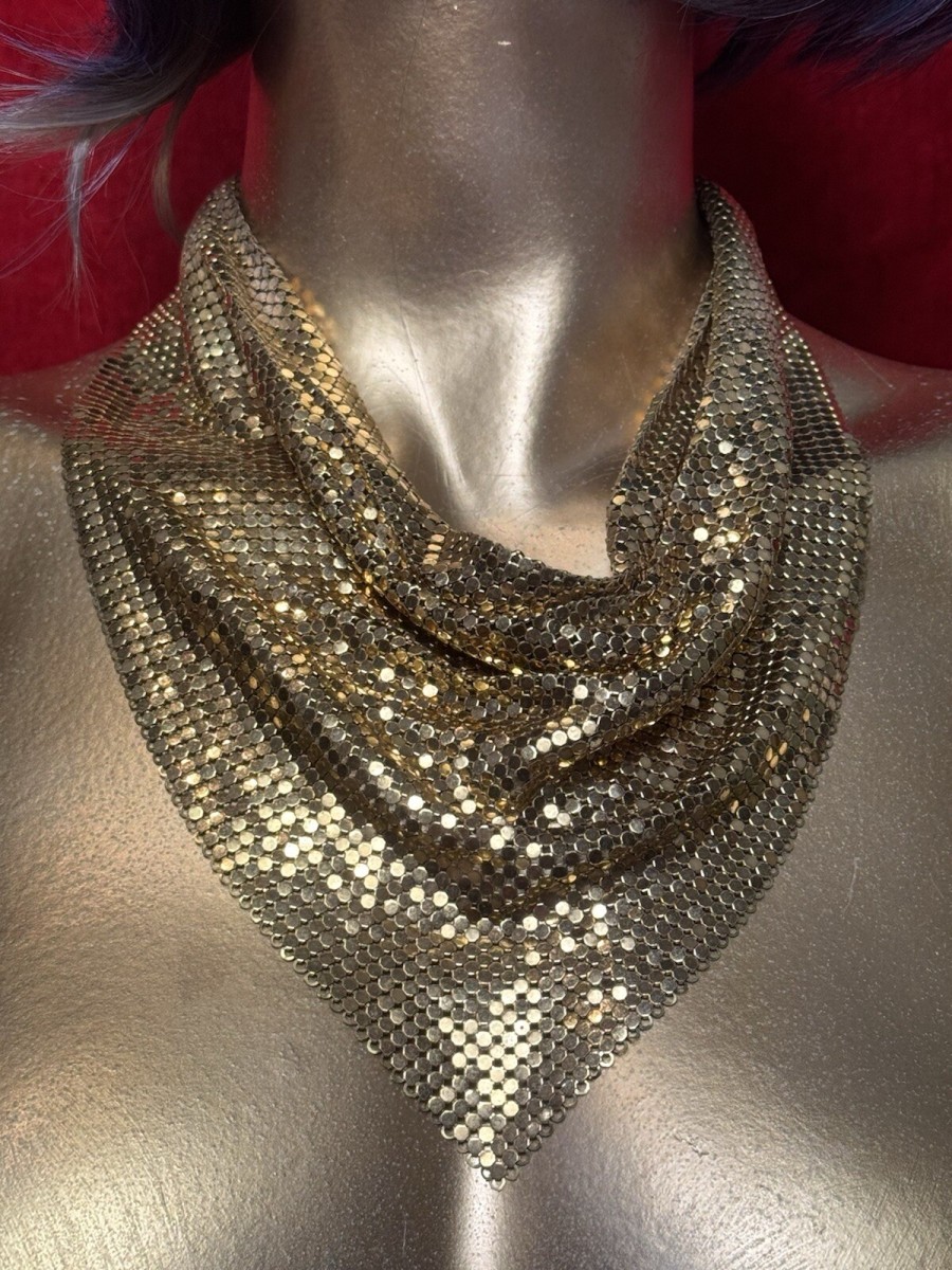 Vintage Gold Mesh Foil Scarf Bib Necklace 70s Designer Runway Whiting & Davies