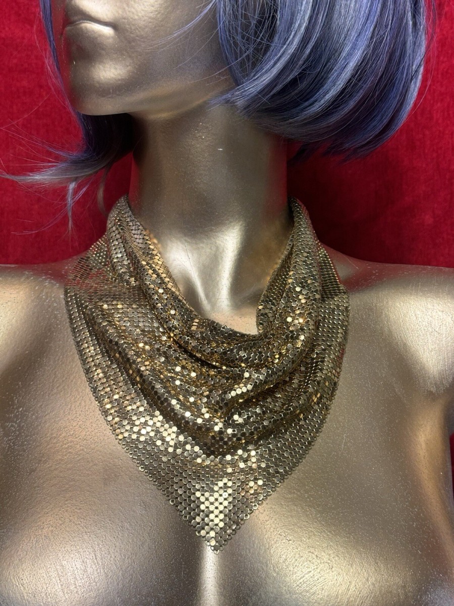 Vintage Gold Mesh Foil Scarf Bib Necklace 70s Designer Runway Whiting & Davies
