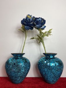 Pair Of French Cobalt Blue Glazed Mosaic Bulbous Pear Vases. Circa - Vintage Composition - Glass Mirror Mosaic Vase Stunning Pair Of French Contemporary Cobalt Blue Pear Shaped Vases. The Bulbous Vase Shell In Glass Over Decorated In Mirrored Mosaic. The Base Of The Vases Adorned In Elaborate Crushed Glass Mosaic Which Leads Up To The Neck Of The Vase In Parallel Rectangular Mosaic Tiles In A Water Effect Patter-nation. Extremely Desirable Quality And Eye Catching Pair For Decoration Or Elaborate Floral Display On Mantle Piece /Sideboard / Shelving. Dimensions In Inches Height 10.5” Width 10” Depth 7”