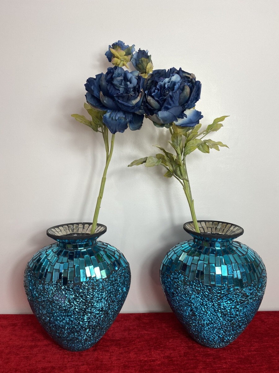 Pair Of Stunning French Cobalt Blue Glazed Mosaic Bulbous Pear Vases