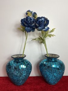 Pair Of French Cobalt Blue Glazed Mosaic Bulbous Pear Vases. Circa - Vintage Composition - Glass Mirror Mosaic Vase Stunning Pair Of French Contemporary Cobalt Blue Pear Shaped Vases. The Bulbous Vase Shell In Glass Over Decorated In Mirrored Mosaic. The Base Of The Vases Adorned In Elaborate Crushed Glass Mosaic Which Leads Up To The Neck Of The Vase In Parallel Rectangular Mosaic Tiles In A Water Effect Patter-nation. Extremely Desirable Quality And Eye Catching Pair For Decoration Or Elaborate Floral Display On Mantle Piece /Sideboard / Shelving. Dimensions In Inches Height 10.5” Width 10” Depth 7”