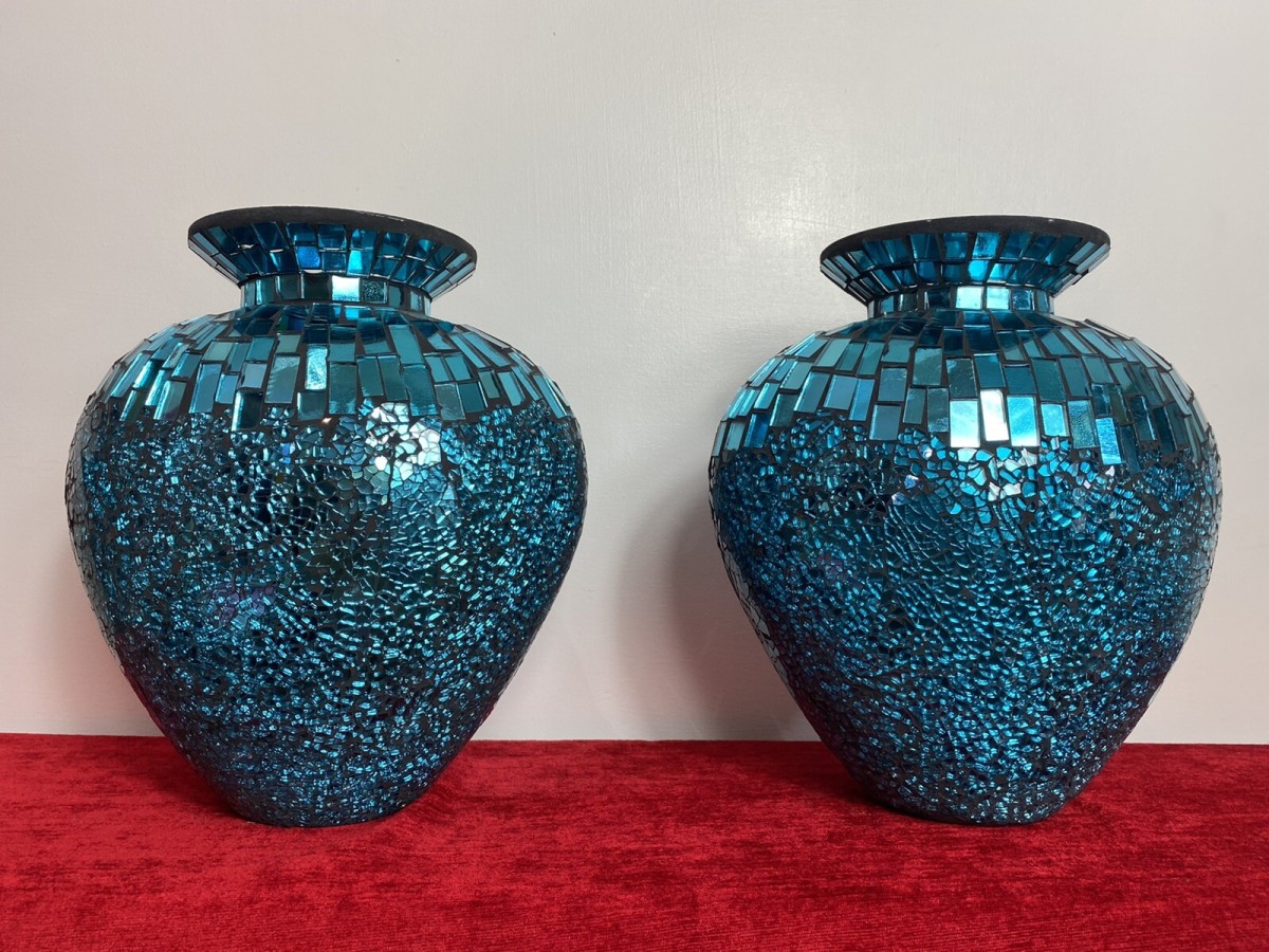 Pair Of Stunning French Cobalt Blue Glazed Mosaic Bulbous Pear Vases