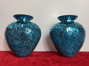 Pair Of French Cobalt Blue Glazed Mosaic Bulbous Pear Vases. Circa - Vintage Composition - Glass Mirror Mosaic Vase Stunning Pair Of French Contemporary Cobalt Blue Pear Shaped Vases. The Bulbous Vase Shell In Glass Over Decorated In Mirrored Mosaic. The Base Of The Vases Adorned In Elaborate Crushed Glass Mosaic Which Leads Up To The Neck Of The Vase In Parallel Rectangular Mosaic Tiles In A Water Effect Patter-nation. Extremely Desirable Quality And Eye Catching Pair For Decoration Or Elaborate Floral Display On Mantle Piece /Sideboard / Shelving. Dimensions In Inches Height 10.5” Width 10” Depth 7”