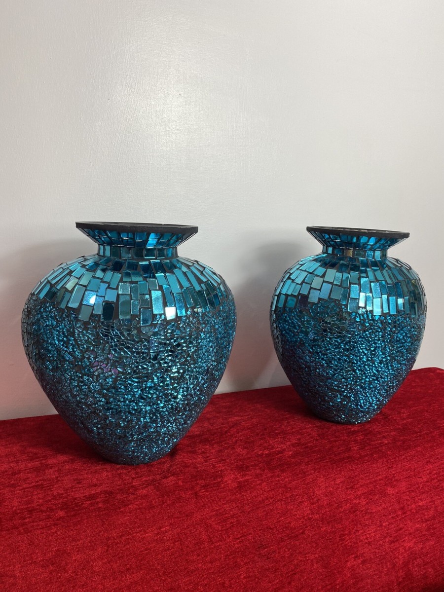 Pair Of Stunning French Cobalt Blue Glazed Mosaic Bulbous Pear Vases