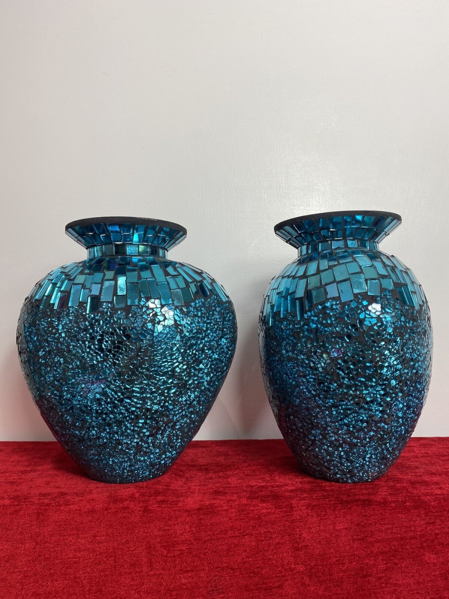Pair Of Stunning French Cobalt Blue Glazed Mosaic Bulbous Pear Vases