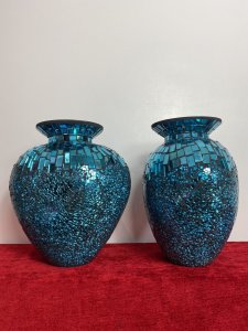 Pair Of French Cobalt Blue Glazed Mosaic Bulbous Pear Vases. Circa - Vintage Composition - Glass Mirror Mosaic Vase Stunning Pair Of French Contemporary Cobalt Blue Pear Shaped Vases. The Bulbous Vase Shell In Glass Over Decorated In Mirrored Mosaic. The Base Of The Vases Adorned In Elaborate Crushed Glass Mosaic Which Leads Up To The Neck Of The Vase In Parallel Rectangular Mosaic Tiles In A Water Effect Patter-nation. Extremely Desirable Quality And Eye Catching Pair For Decoration Or Elaborate Floral Display On Mantle Piece /Sideboard / Shelving. Dimensions In Inches Height 10.5” Width 10” Depth 7”