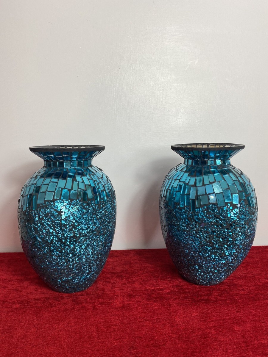 Pair Of Stunning French Cobalt Blue Glazed Mosaic Bulbous Pear Vases