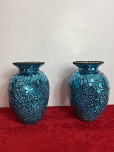 Pair Of French Cobalt Blue Glazed Mosaic Bulbous Pear Vases. Circa - Vintage Composition - Glass Mirror Mosaic Vase Stunning Pair Of French Contemporary Cobalt Blue Pear Shaped Vases. The Bulbous Vase Shell In Glass Over Decorated In Mirrored Mosaic. The Base Of The Vases Adorned In Elaborate Crushed Glass Mosaic Which Leads Up To The Neck Of The Vase In Parallel Rectangular Mosaic Tiles In A Water Effect Patter-nation. Extremely Desirable Quality And Eye Catching Pair For Decoration Or Elaborate Floral Display On Mantle Piece /Sideboard / Shelving. Dimensions In Inches Height 10.5” Width 10” Depth 7”