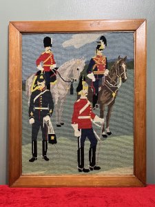 Historic British Royal Household Cavalry Guards Tapestry Showpiece Circa - 1960 Composition - Wool Work Listing Description Stunning Large Needlepoint Tapestry Of The Late Queen, Elizabeth II Household Cavalry Guards. Two Guards (The Blues & Royals) On Horseback And Two Ceremonial Foot Guards Standing. Finely Detailed Uniforms & Regalia In Vivid Colour. Handwoven By Accomplished Needlepoint Artist And Set Inside Original Pine Frame. Dimensions In Inches Height 27 3/4" X Width 22 3/4" For Any Further Information Please Message Or Call 07707 488566