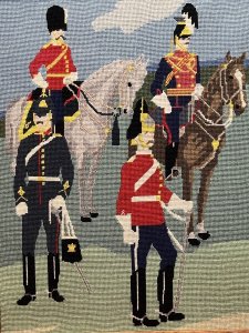 Historic British Royal Household Cavalry Guards Tapestry Showpiece Circa - 1960 Composition - Wool Work Listing Description Stunning Large Needlepoint Tapestry Of The Late Queen, Elizabeth II Household Cavalry Guards. Two Guards (The Blues & Royals) On Horseback And Two Ceremonial Foot Guards Standing. Finely Detailed Uniforms & Regalia In Vivid Colour. Handwoven By Accomplished Needlepoint Artist And Set Inside Original Pine Frame. Dimensions In Inches Height 27 3/4" X Width 22 3/4" For Any Further Information Please Message Or Call 07707 488566