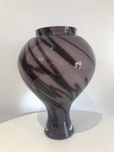 Stunning Murano Glass Vase With Distinctive Purple Haze Design Details Light Purple Opaque Colouring With Dark Amethyst Detailing Iconic Murano Bulbous Vase Shaping Extremely Elegant Design A Modern Italian Artwork Heavy Quality Large Vase Circa 1970’s Dimensions In Inches Height 14.5” Width 10.5”
