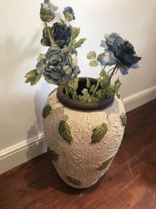 Large Tuskan Terracotta Olive Jar Urn Made From Terracotta Rustic Effect Paintwork And Olive Leaf Decoration Delightful Statement Piece For Hallway/ Landing/ Lounge Or Even Outdoor Heavy 20kg Dimensions In Inches Height 27” Width 17” Neck Diameter 10.5”