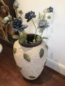 Large Tuskan Terracotta Olive Jar Urn Made From Terracotta Rustic Effect Paintwork And Olive Leaf Decoration Delightful Statement Piece For Hallway/ Landing/ Lounge Or Even Outdoor Heavy 20kg Dimensions In Inches Height 27” Width 17” Neck Diameter 10.5”