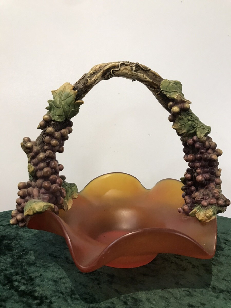 French Reproduction Ornate Grape Vine Handle Orange Art Glass Fruit Bowl