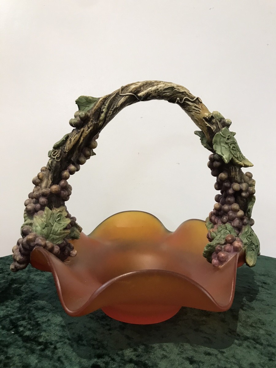 French Reproduction Ornate Grape Vine Handle Orange Art Glass Fruit Bowl