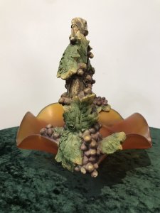 French Reproduction Ornate Grape Vine Handle Orange Art Glass Fruit Bowl Porcelain Grape Vine Handle With Purple Fruit And Green Vine Leaves With Stunning Shaped Burnt Orange Frosted Glass Fruit Bowl Decorative Item Pristine Condition Dimensions In Inches Height 11” Width 12”