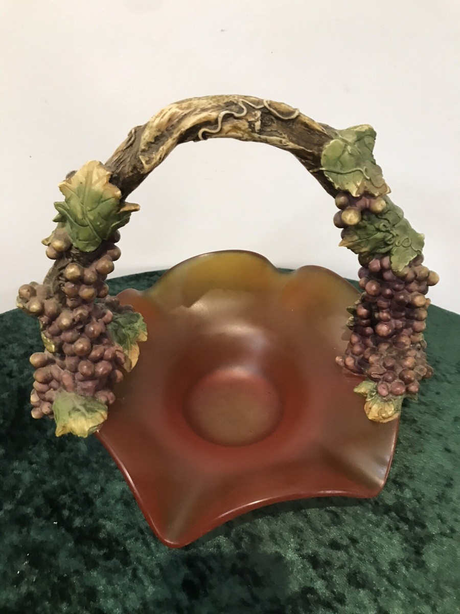 French Reproduction Ornate Grape Vine Handle Orange Art Glass Fruit Bowl