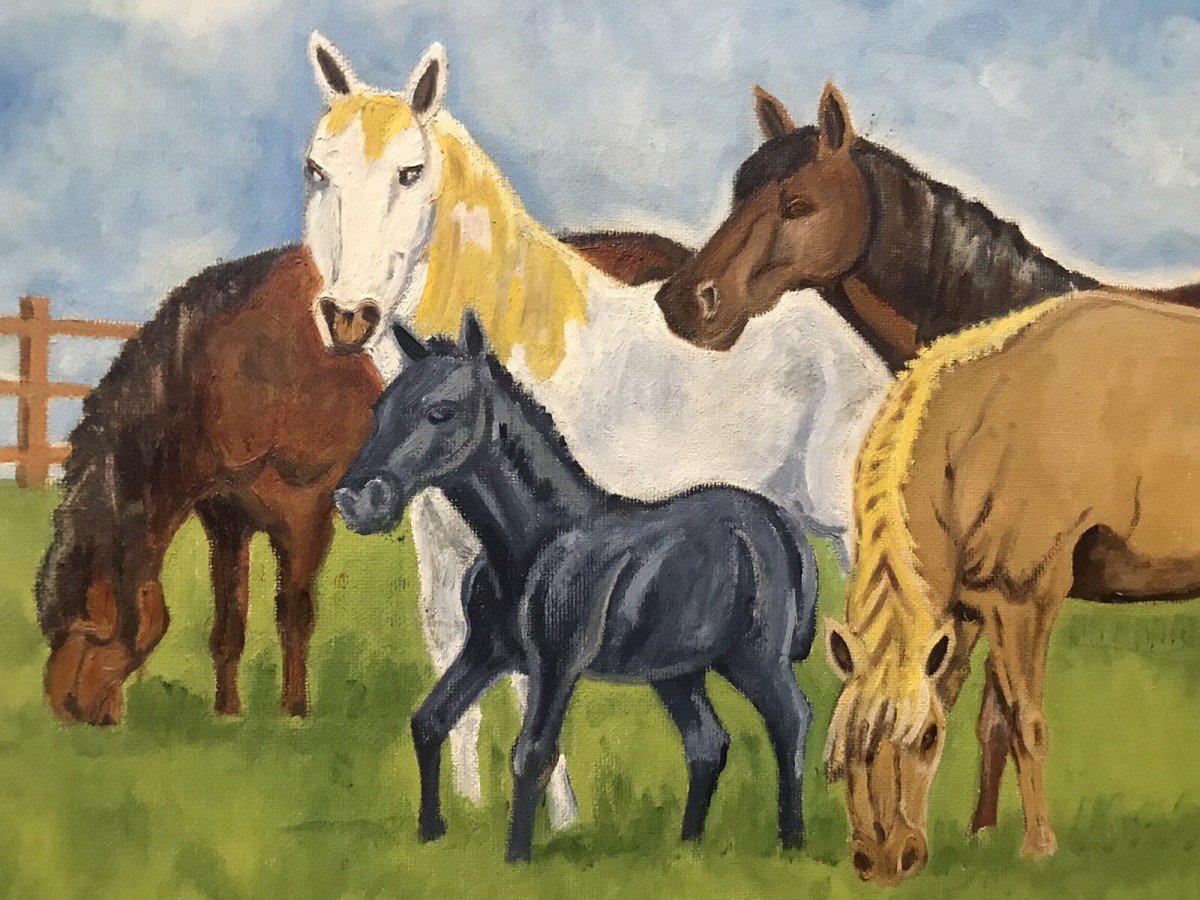 Contemporary Artwork Horses & Ponies Grazing In Field By Artist Paul Evans