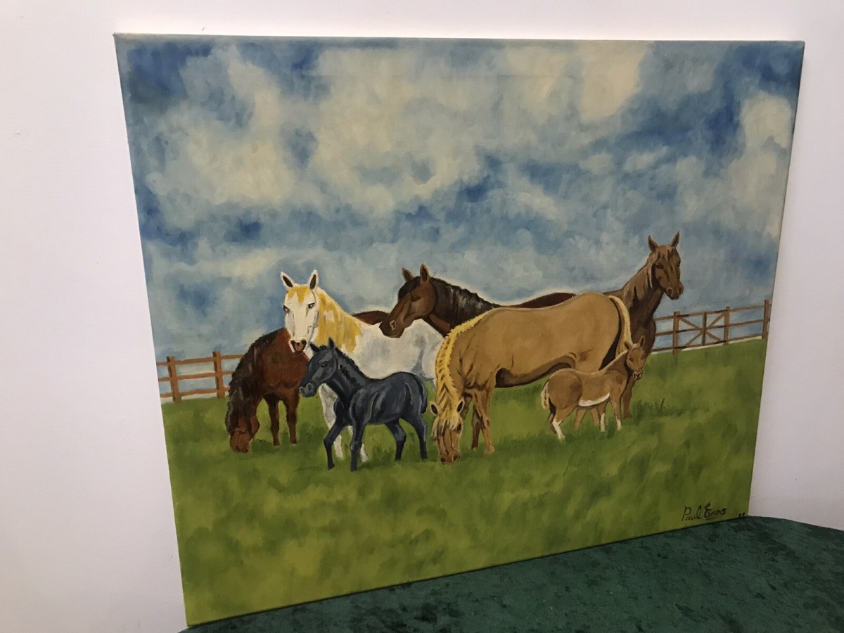 Contemporary Artwork Horses & Ponies Grazing In Field By Artist Paul Evans