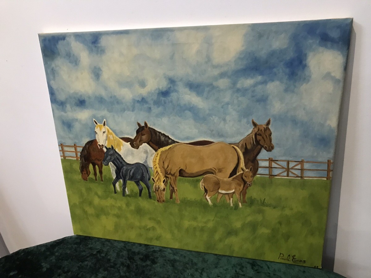 Contemporary Artwork Horses & Ponies Grazing In Field By Artist Paul Evans