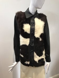 Mc Gauley Of Cheltenham Multi Cow Hide Fur & Black Leather Ladies Jacket Size 10 Black Leather Collar, Button Wrap, Buttons Sleeves And Back 5 Buttons Up Front With Closures Multi Colour Dark Brown And Cream Cow Long Length Fur Front Panels Black Satin Lining Stunning Quality Ladies Fur Jacket Vintage One Off Piece Lovely Condition Length From Shoulder