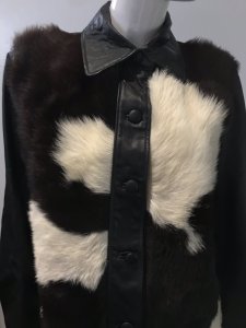 Mc Gauley Of Cheltenham Multi Cow Hide Fur & Black Leather Ladies Jacket Size 10 Black Leather Collar, Button Wrap, Buttons Sleeves And Back 5 Buttons Up Front With Closures Multi Colour Dark Brown And Cream Cow Long Length Fur Front Panels Black Satin Lining Stunning Quality Ladies Fur Jacket Vintage One Off Piece Lovely Condition Length From Shoulder