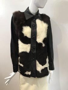Mc Gauley Of Cheltenham Multi Cow Hide Fur & Black Leather Ladies Jacket Size 10 Black Leather Collar, Button Wrap, Buttons Sleeves And Back 5 Buttons Up Front With Closures Multi Colour Dark Brown And Cream Cow Long Length Fur Front Panels Black Satin Lining Stunning Quality Ladies Fur Jacket Vintage One Off Piece Lovely Condition Length From Shoulder
