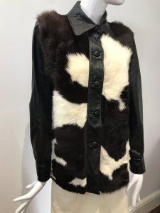Mc Gauley Of Cheltenham Multi Cow Hide Fur & Black Leather Ladies Jacket Size 10 Black Leather Collar, Button Wrap, Buttons Sleeves And Back 5 Buttons Up Front With Closures Multi Colour Dark Brown And Cream Cow Long Length Fur Front Panels Black Satin Lining Stunning Quality Ladies Fur Jacket Vintage One Off Piece Lovely Condition Length From Shoulder
