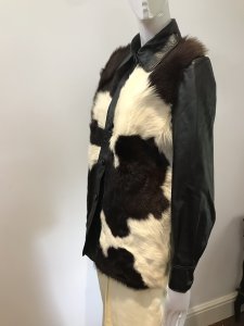 Mc Gauley Of Cheltenham Multi Cow Hide Fur & Black Leather Ladies Jacket Size 10 Black Leather Collar, Button Wrap, Buttons Sleeves And Back 5 Buttons Up Front With Closures Multi Colour Dark Brown And Cream Cow Long Length Fur Front Panels Black Satin Lining Stunning Quality Ladies Fur Jacket Vintage One Off Piece Lovely Condition Length From Shoulder