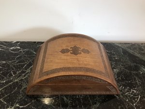 Ladies Boudoir Dome Shaped Oriental Carved Jewellery Box Fine Organic Flowers Carving With Central Carved Motif On The Top Lid Opening Hinged Lid With Two Red Velvet Lined Jewellery Compartments Ladies Boudoir Piece Hand Made By Craftsman Teak Wood Dimensions In Inches Height 4” Width 11” Depth 4”