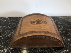 Ladies Boudoir Dome Shaped Oriental Carved Jewellery Box Fine Organic Flowers Carving With Central Carved Motif On The Top Lid Opening Hinged Lid With Two Red Velvet Lined Jewellery Compartments Ladies Boudoir Piece Hand Made By Craftsman Teak Wood Dimensions In Inches Height 4” Width 11” Depth 4”