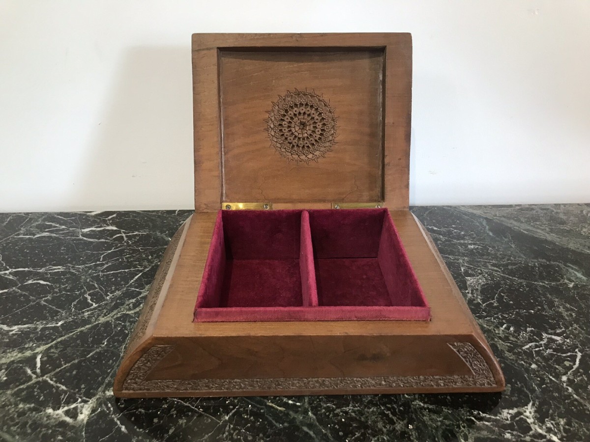 Ladies Boudoir Dome Shaped Oriental Carved Wood Jewellery Box