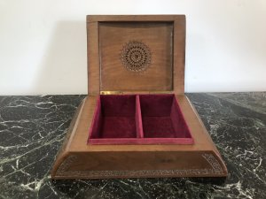 Ladies Boudoir Dome Shaped Oriental Carved Jewellery Box Fine Organic Flowers Carving With Central Carved Motif On The Top Lid Opening Hinged Lid With Two Red Velvet Lined Jewellery Compartments Ladies Boudoir Piece Hand Made By Craftsman Teak Wood Dimensions In Inches Height 4” Width 11” Depth 4”