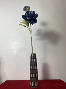 Designer Italian Mid Century Modern Textural Leaning Tower Of Pisa Inspired Vase Circa - 1950's Composition - Earthenware Tall Mid Century Earthenware Cylindrical Leaning Vase With Inspiration From The Leaning Tower Of Pisa. The Hand Sculpted Body Of the Vase Is Made Of Parallel Textural Lines Pattern And Decorated With Rings Of Gloss Coloured Paint Strokes In Blue, White, Red Which Mimic The Windows Of The Leaning Tower Of Pisa. Lovely Useful Collectors Piece In Vivid Colour. Signed On Base. Dimension In Inches Height 11 3/4" Base Diameter 3" Mouth Diameter 1 3/4"