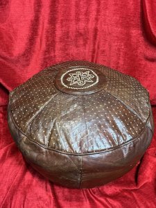 Vintage Bohemian Tan Leather Pouffe With Symbolistic Aztec Decoration