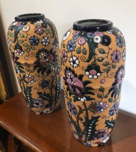 Stunning Pair Of Art Noveau Period Museum Grade Amphora Vases Czechoslovakian Boarder Made Amphora Vases Clearly Marked Stamp On The Bases Hand Crafted Earth Tone Peach Ridge Boarder Vase With Geometric Floral Pattern In High Shine Coloured Glazes Stunning Quality Collectors Item Immaculate Condition Provenance Lord Hill Museum Fine Art Collection Dimensions In Inches Height 14” Width 6.5” Vase Diameter 20.5” Top Rim Diameter 11”