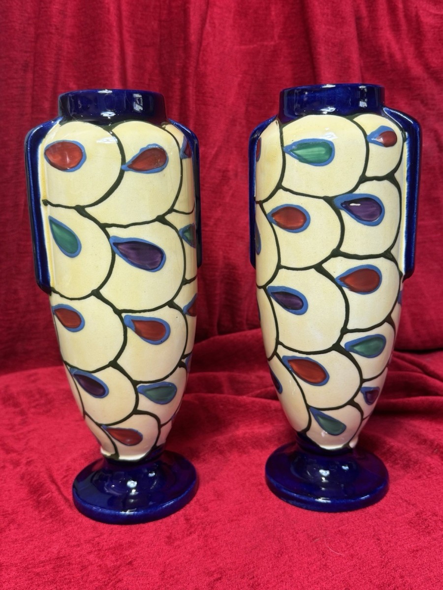 Pair Of Art Deco Ditmar Urbach Czechoslovakian Art Pottery Vases
