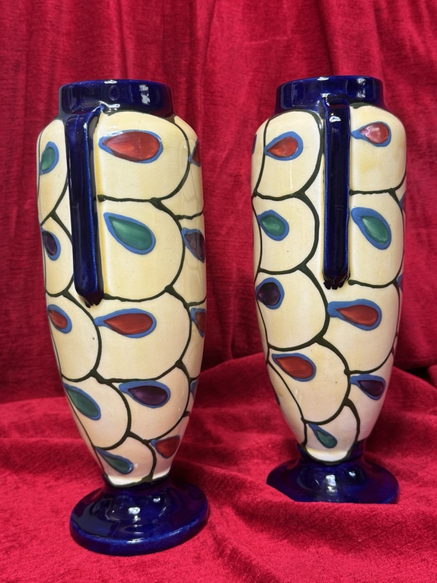 Pair Of Art Deco Ditmar Urbach Czechoslovakian Art Pottery Vases