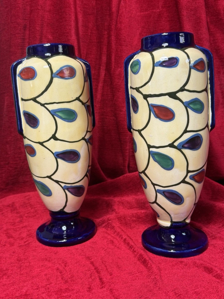 Pair Of Art Deco Ditmar Urbach Czechoslovakian Art Pottery Vases