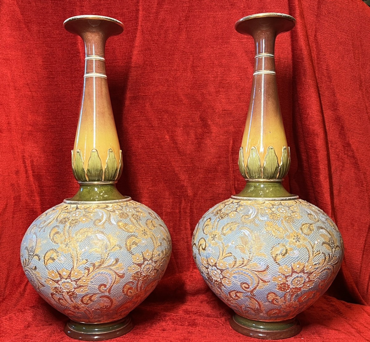 Pair Of 19th Century Art Nouveau Doulton Lambeth Vases Artist Catherine Francis